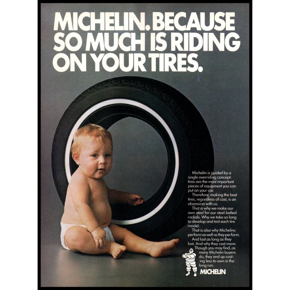 1985 Michelin Tires Radial Tire Vintage Print Ad Baby in Diaper Bibendum Photo